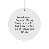 Funny Housekeeper Gifts from Friends for Housekeeper - Christmas Unique Circle Ornament with Quote 'Housekeeper. Because Classy Sassy And A Bit Fearlessy Is Not An Official Job Title.' - Image 1